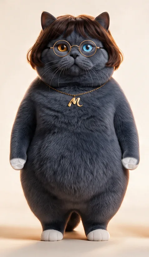 Mobi, a round grey cat in glasses, standing on two legs