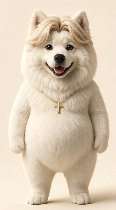 Toro, a fluffy white Samoyed, standing on two legs